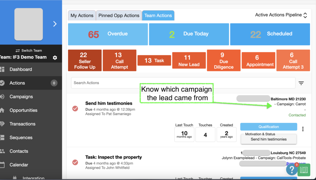 "Actions" dashboard in Investor Fuse
